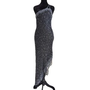 Scala Vintage 90s Blue Glass Beaded Asymmetrical Sheer Hem 100% Silk Midi Dress